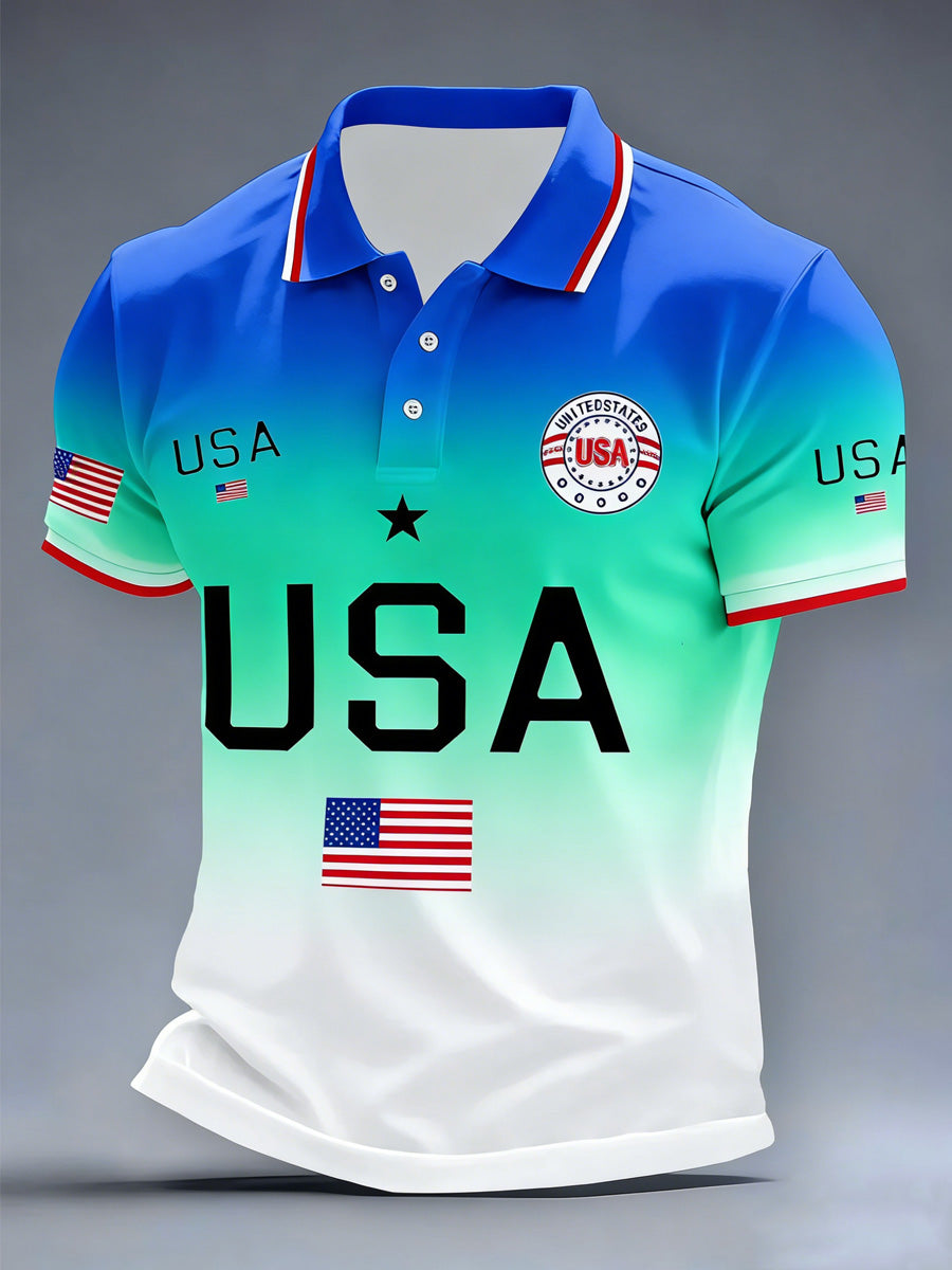 USA Flag Art Printed Retro Round Neck Short Sleeves Polo-Shirt